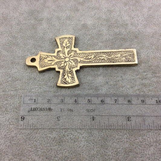 3.5" Heavy Thin Vine Patterned Oxidized Gold Plated Brass Cross Pendant  - Measuring 46mm x 88mm, Approximately - Sold Individually