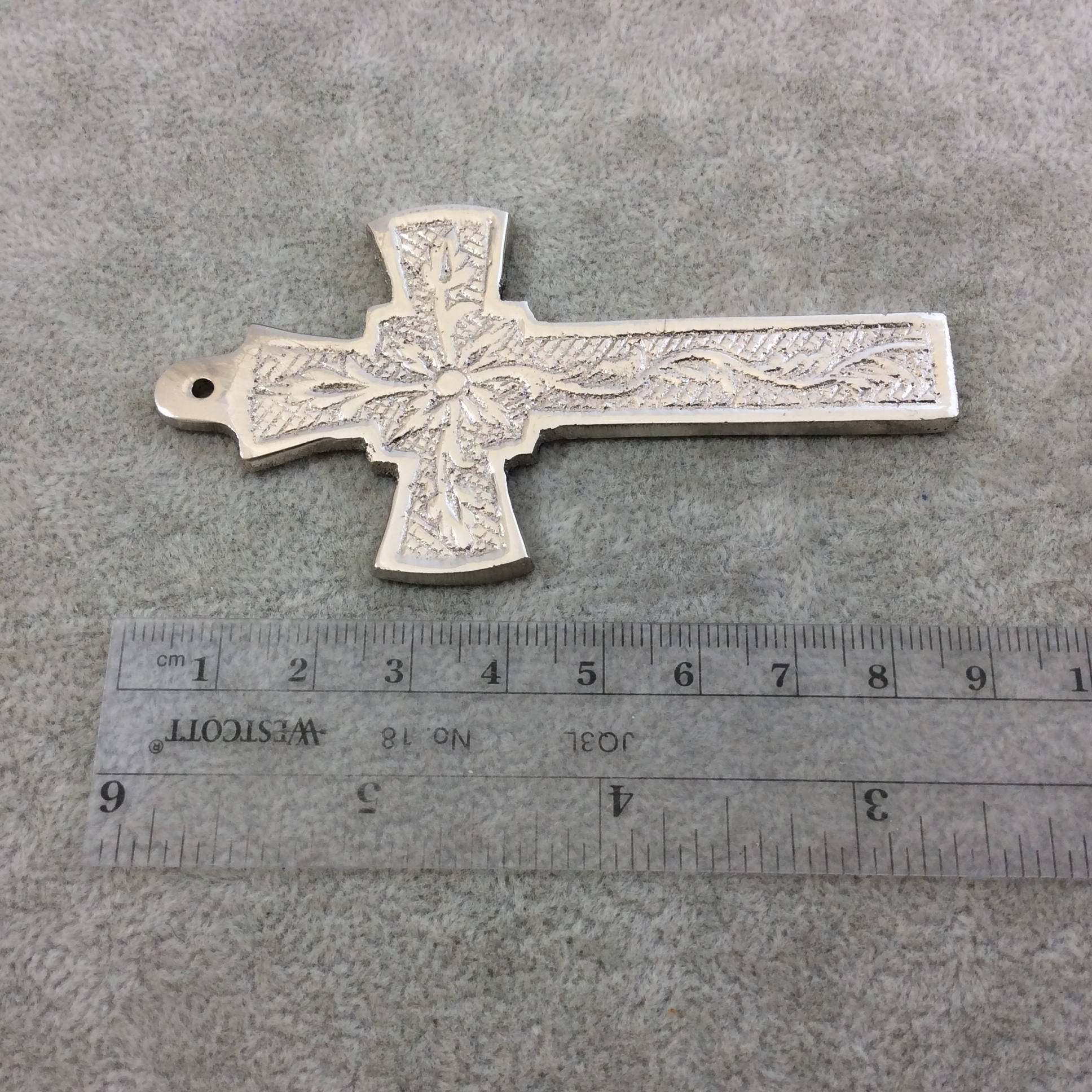 3.5" Heavy Thin Vine Patterned Oxidized Silver Plated Brass Cross Pendant  - Measuring 46mm x 88mm, Approximately - Sold Individually