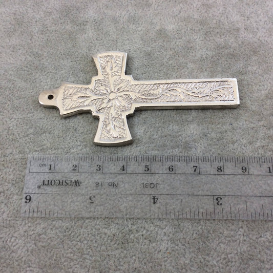 3.5" Heavy Thin Vine Patterned Oxidized Silver Plated Brass Cross Pendant  - Measuring 46mm x 88mm, Approximately - Sold Individually