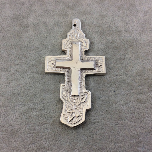 3.25" Heavy Embossed Patterned Oxidized Silver Plated Brass Cross Pendant  - Measuring 45mm x 84mm, Approximately - Sold Individually