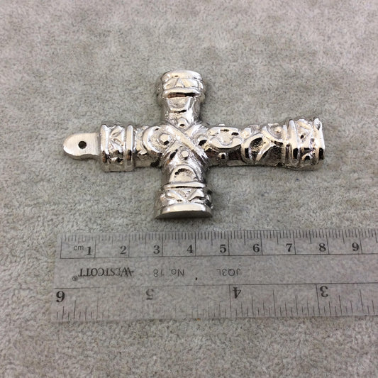 3.25" Heavy Domed Patterned Oxidized Silver Plated Brass Cross Pendant  - Measuring 50mm x 83mm, Approximately - Sold Individually