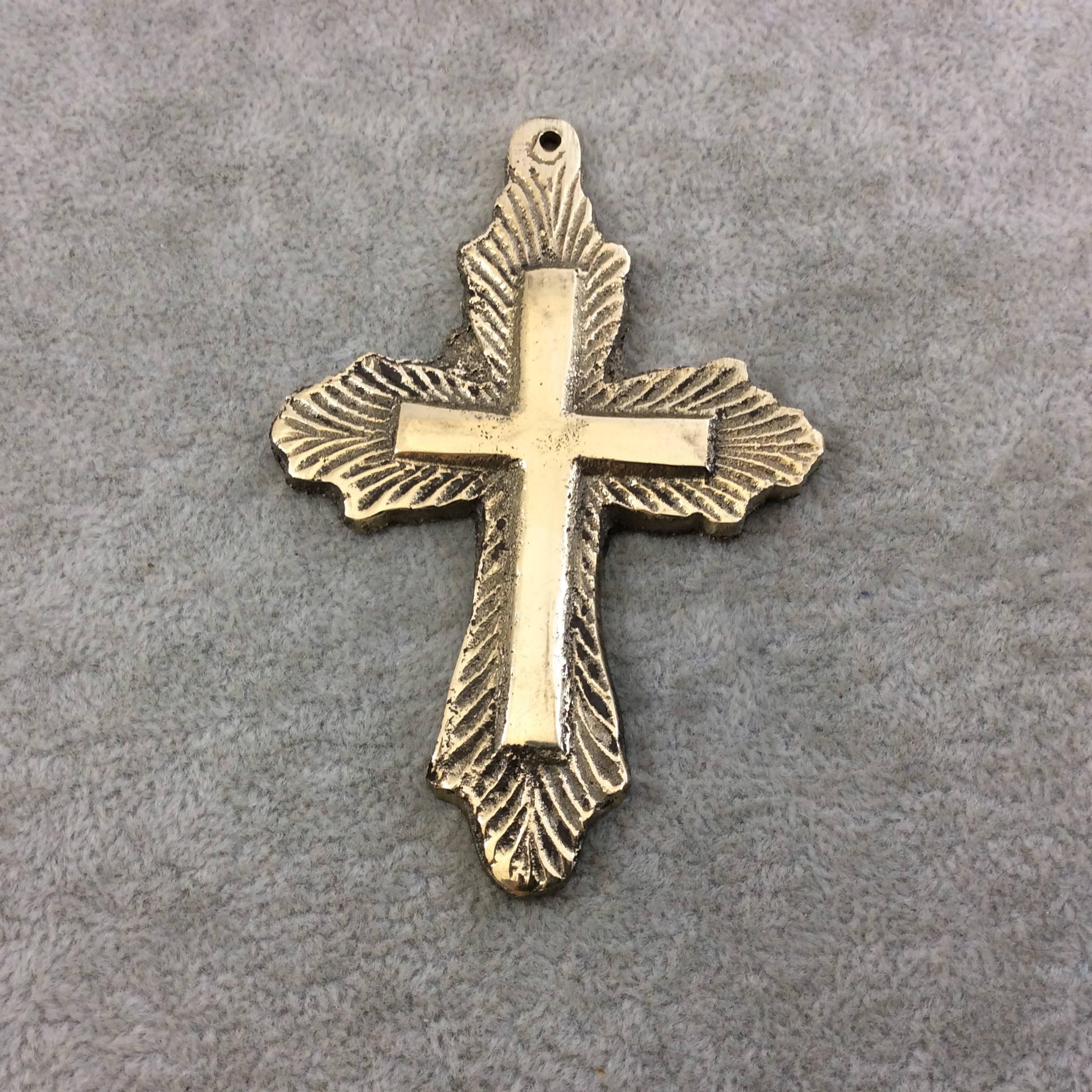 3.25" Heavy Line Burst Patterned Oxidized Gold Plated Brass Cross Pendant  - Measuring 58mm x 87mm, Approximately - Sold Individually