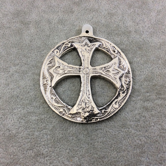 2.5" Heavy Circular Cross Patterned Oxidized Silver Plated Brass Medallion Pendant  - Measuring 62mm, Approx. - Sold Individually