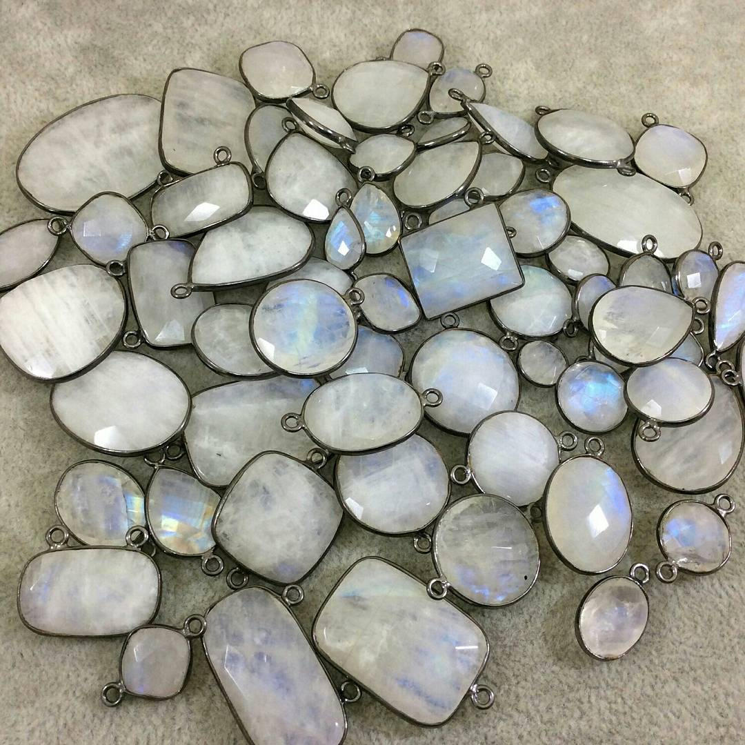 Gunmetal Plated Faceted Natural Iridescent Moonstone Round/Coin Shaped Bezel Connector - Measuring 14mm x 14mm - Sold Individually