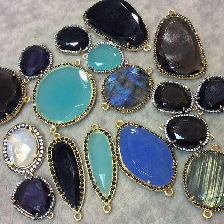 Gold Finish Faceted CZ Rimmed Smooth Blue Goldstone Oval Shaped Bezel Connector Component - Measures 19mm x 22mm - Sold Individually