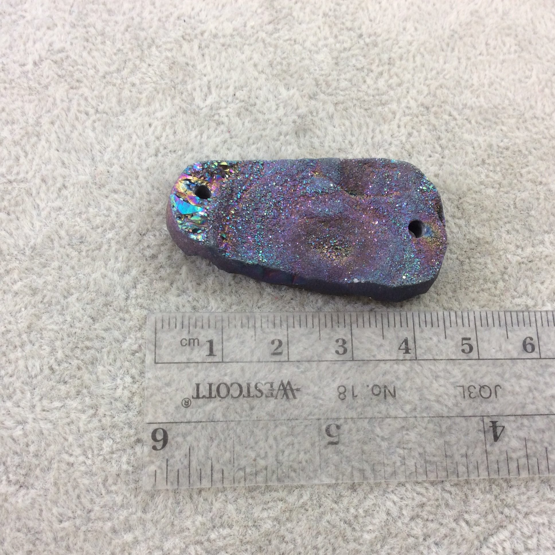 OOAK Rainbow Titanium Freeform Oval Shaped Chalcedony Galaxy Druzy Dual Drilled Connector Slab Bead "L" - Measuring 22mm x 43mm, Approx.