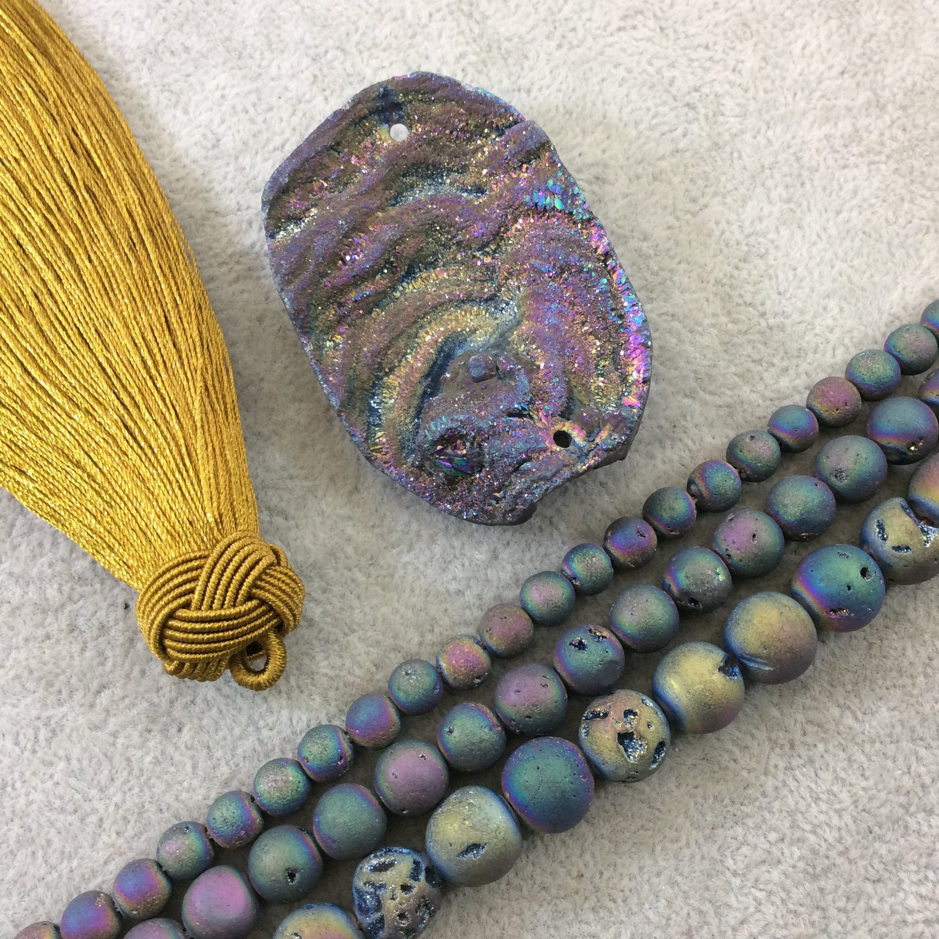 OOAK Rainbow Titanium Freeform Oval Shaped Chalcedony Galaxy Druzy Dual Drilled Connector Slab Bead "L" - Measuring 22mm x 43mm, Approx.