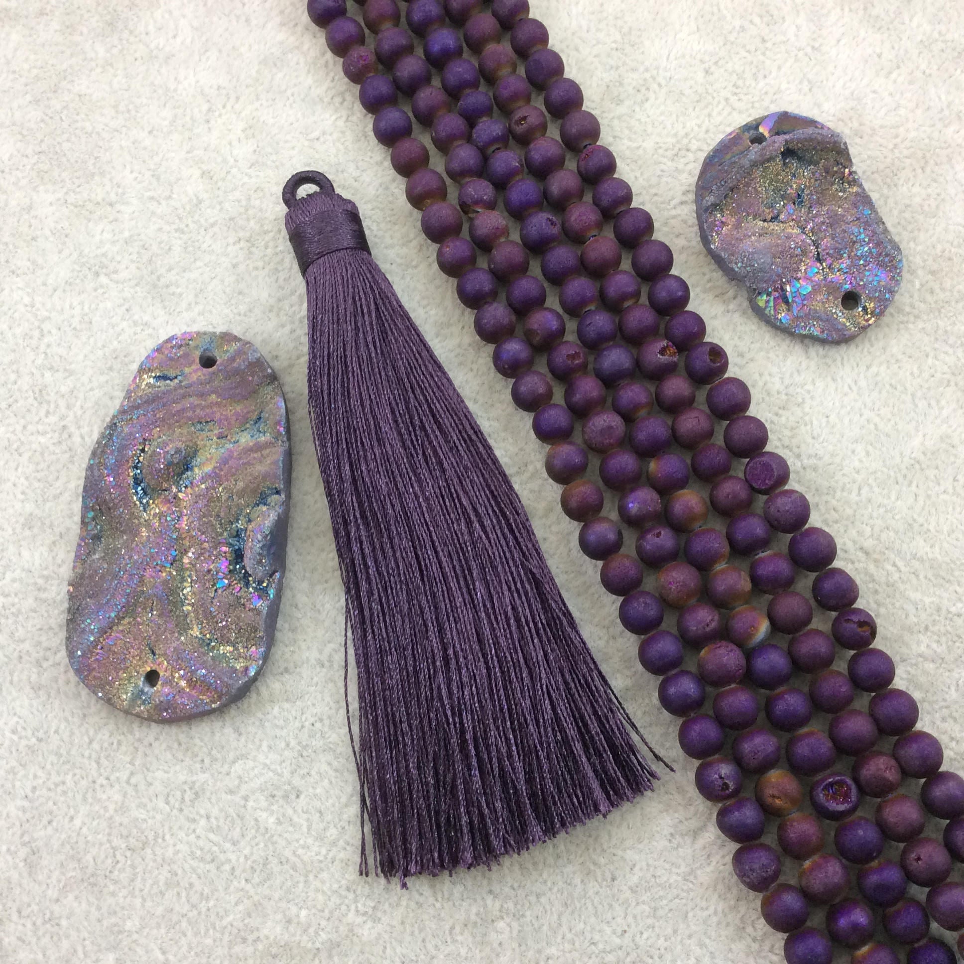 OOAK Rainbow Titanium Freeform Oval Shaped Chalcedony Galaxy Druzy Dual Drilled Connector Slab Bead "L" - Measuring 22mm x 43mm, Approx.