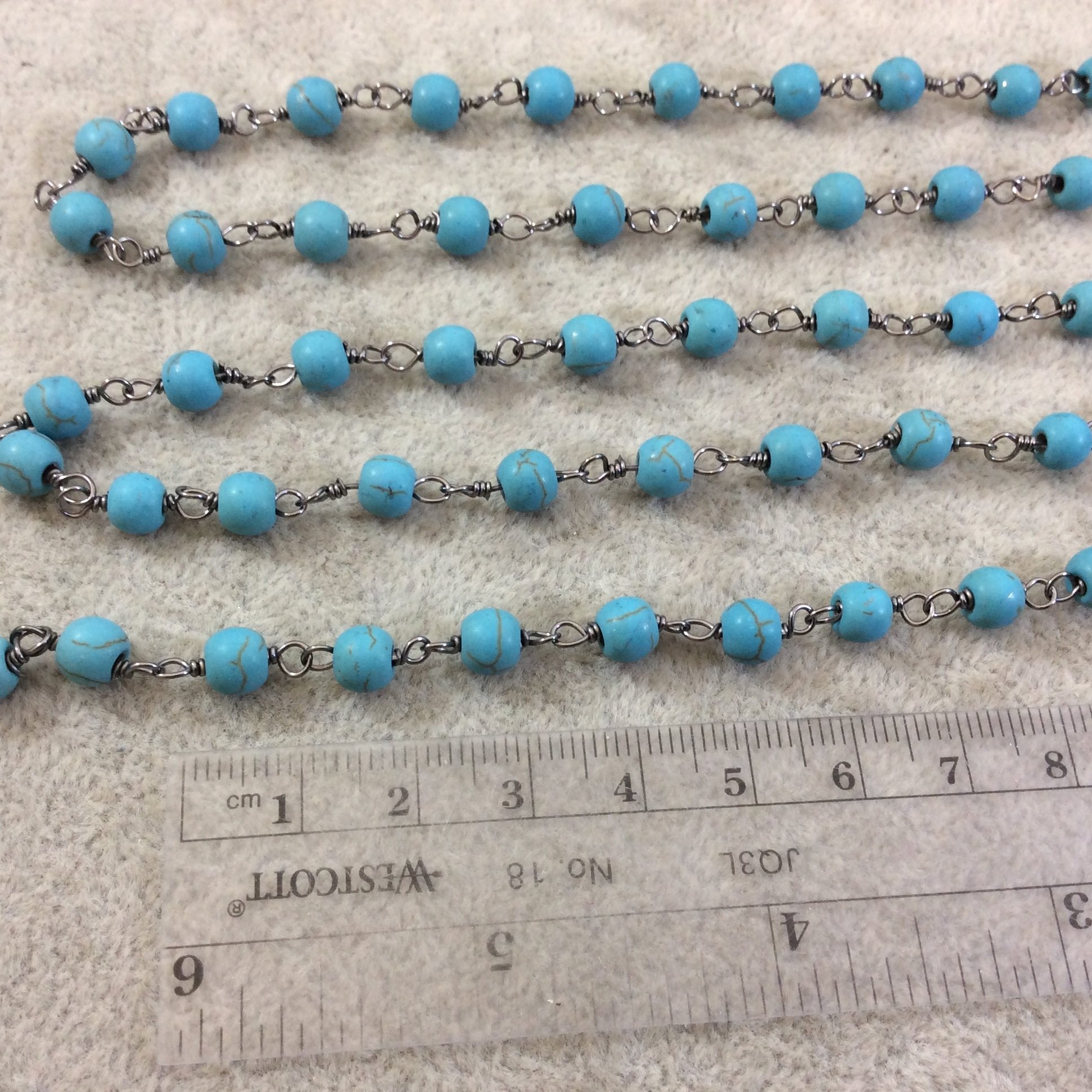 Gunmetal Plated Copper Rosary Chain with Matte 6mm Round Shaped Turquoise Blue Veined Howlite Beads - Sold by the Foot or Bulk! (CH299-GM)