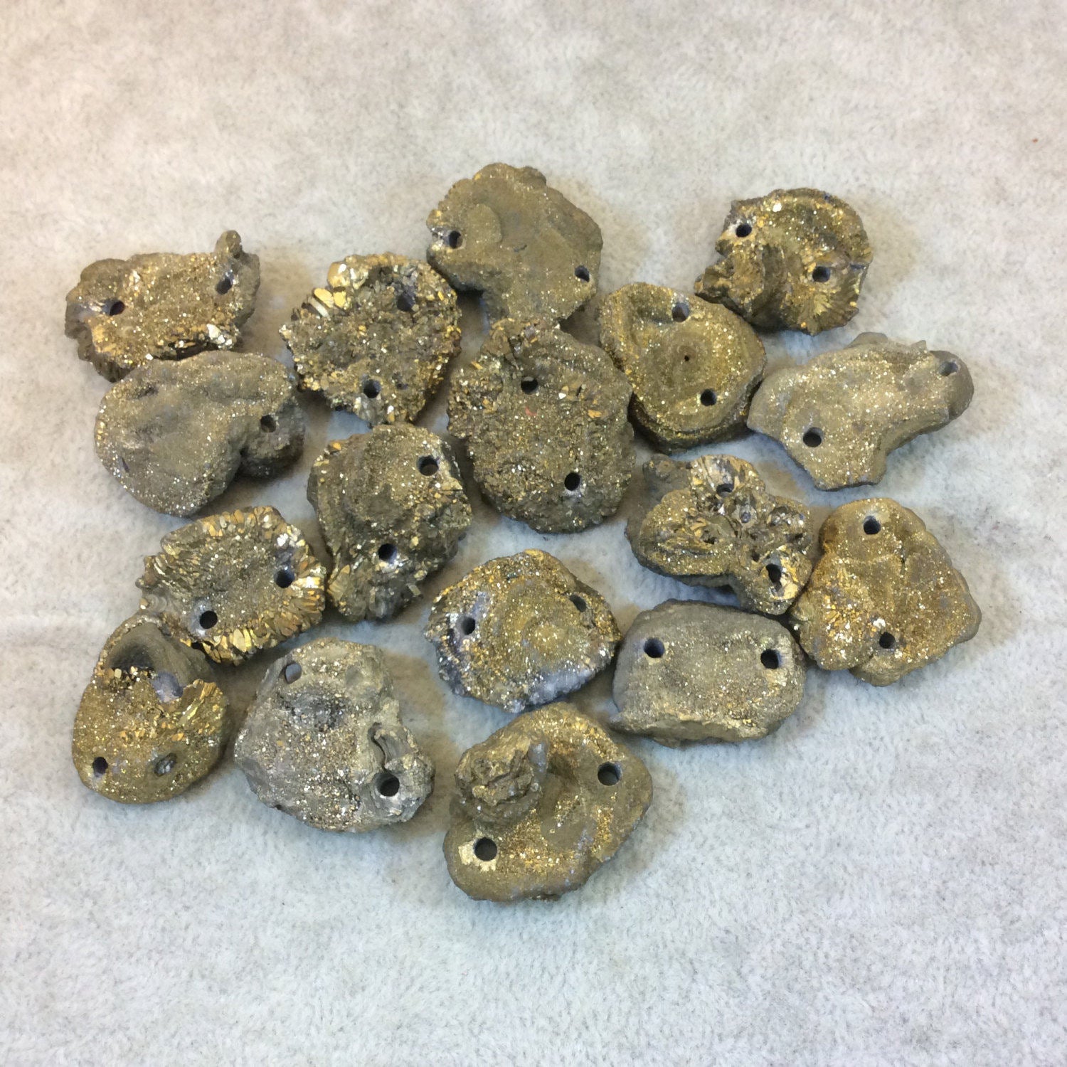 OOAK Metallic Gold Coated Freeform Oval Shaped Chalcedony Galaxy Druzy Dual Drilled Connector Slab Bead "B" - Measuring 26mm x 35mm, Approx.