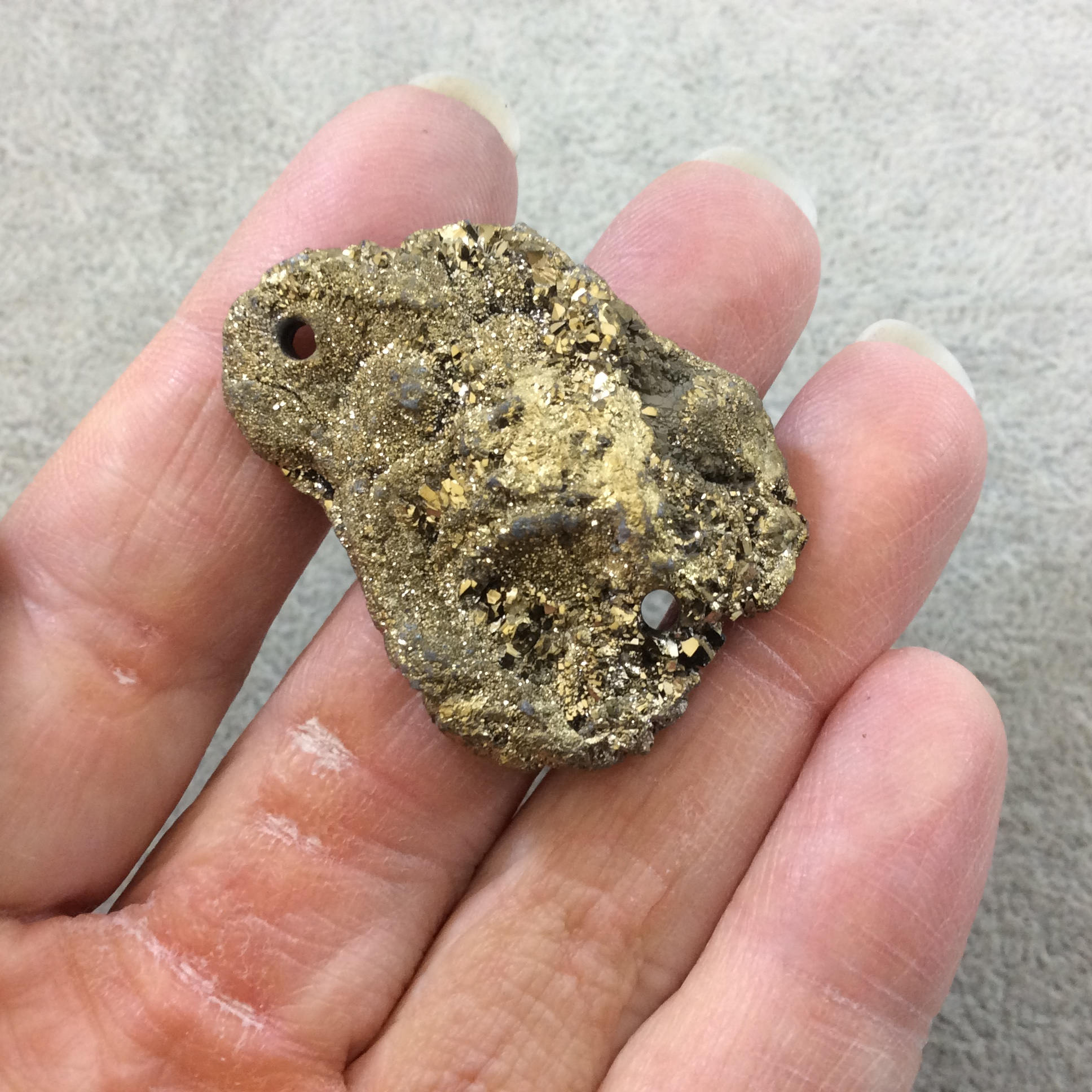 OOAK Metallic Gold Coated Freeform Oval Shaped Chalcedony Galaxy Druzy Dual Drilled Connector Slab Bead "P" - Measuring 31mm x 40mm, Approx.