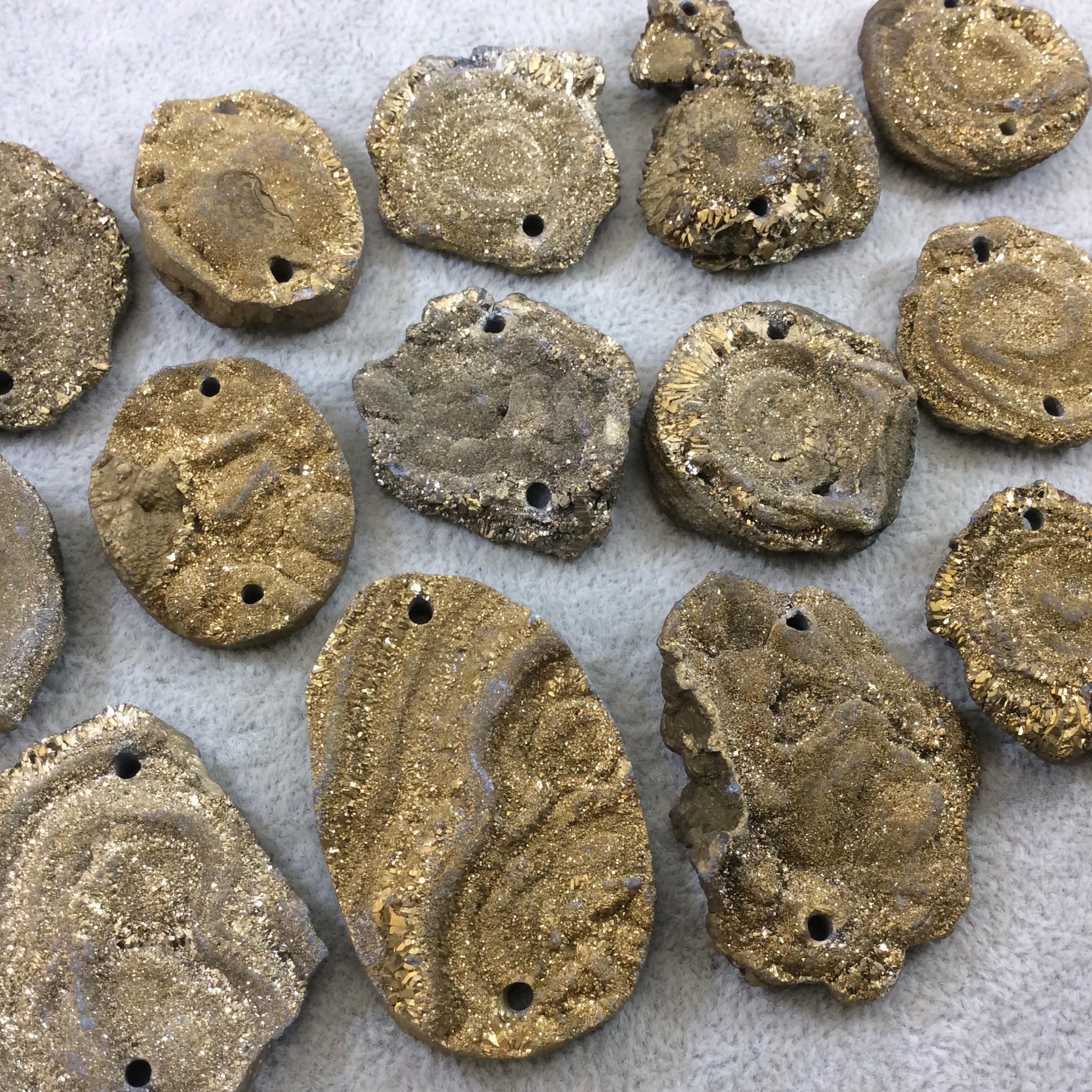 OOAK Metallic Gold Coated Freeform Oval Shaped Chalcedony Galaxy Druzy Dual Drilled Connector Slab Bead "P" - Measuring 31mm x 40mm, Approx.