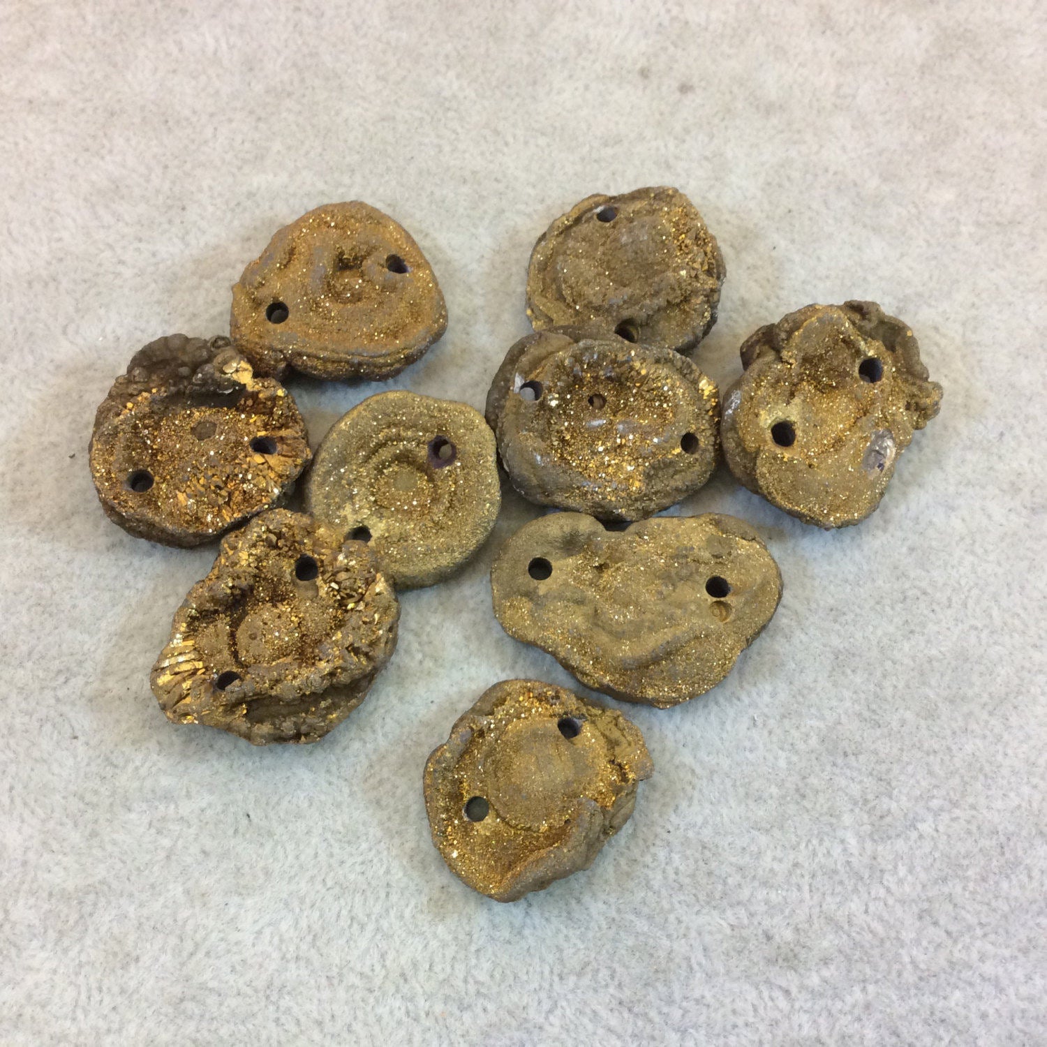 OOAK Metallic Gold Coated Freeform Oval Shaped Chalcedony Galaxy Druzy Dual Drilled Connector Slab Bead "X" - Measuring 45mm x 53mm, Approx.