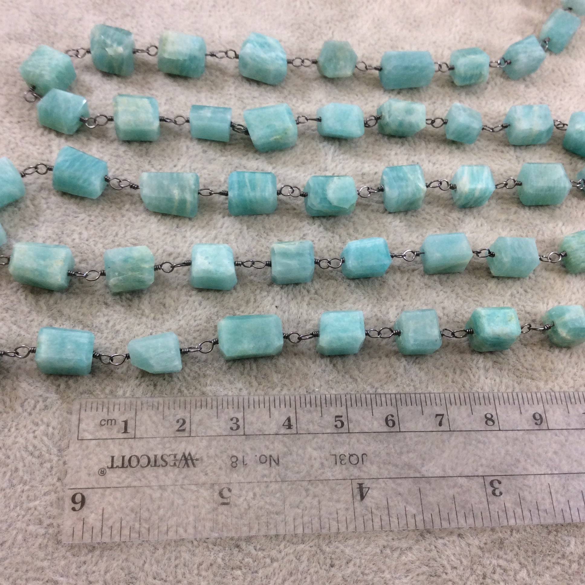 Gunmetal Plated Copper Wrapped Rosary Chain with 8-12mm Natural Amazonite 3D Square/Cube Shaped Beads - Sold by 1' Cut Sections or in Bulk!