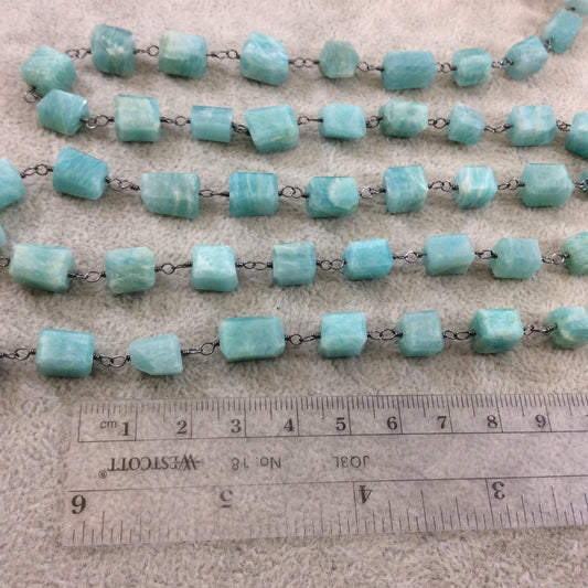 Gunmetal Plated Copper Wrapped Rosary Chain with 8-12mm Natural Amazonite 3D Square/Cube Shaped Beads - Sold by 1' Cut Sections or in Bulk!