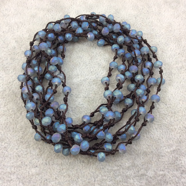 Chinese Crystal beads | 72" Woven Dark Brown Thread Necklace with 6mm Faceted Matte Finish Rondelle Shaped Opaque Blue Aqua Glass Beads