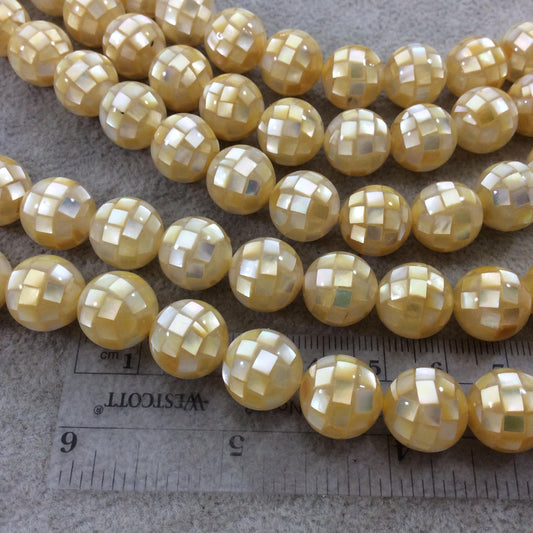LOOSE BEADS - 12mm Pearly Yellow Natural Mother of Pearl Inlaid Round/Ball Beads with 1mm Holes - Sold in Pre-Packed Bags of 10 Beads
