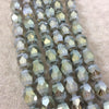 10mm x 14mm Matte Stripe Faceted Trans. AB Dark Sage Green Glass Crystal Rice/Oval Beads - 12.5" Strands (Approx. 25 Beads) - (CC1014-086)