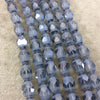 10mm x 14mm Matte Stripe Glossy Faceted Trans. AB Blue-Gray Glass Crystal Rice/Oval Beads - 12.5" Strands (Approx. 25 Beads) - (CC1014-096B)