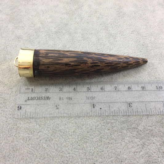 3.5" Brown/Black Natural Palm Wood Round Tusk/Claw Shaped Pendant with Gold Plated Cap - Measuring 20mm x 95mm, Approximately - (TR028-PW)