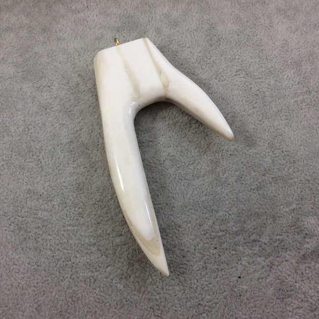4.25" White/Ivory Long Flat Antler Tusk Shaped Natural Ox Bone Pendant with Gold Plated Ring - Measuring 58mm x 110mm