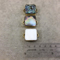 1" Iridescent Gray Natural Abalone Shell Square Shaped Gold Plated Bezel Connector - Measuring 23mm x 23mm.