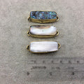 1" Iridescent Gray Natural Abalone Shell Long Rectangle Shaped Gold Plated Bezel Connector - Measuring 13mm x 33mm.