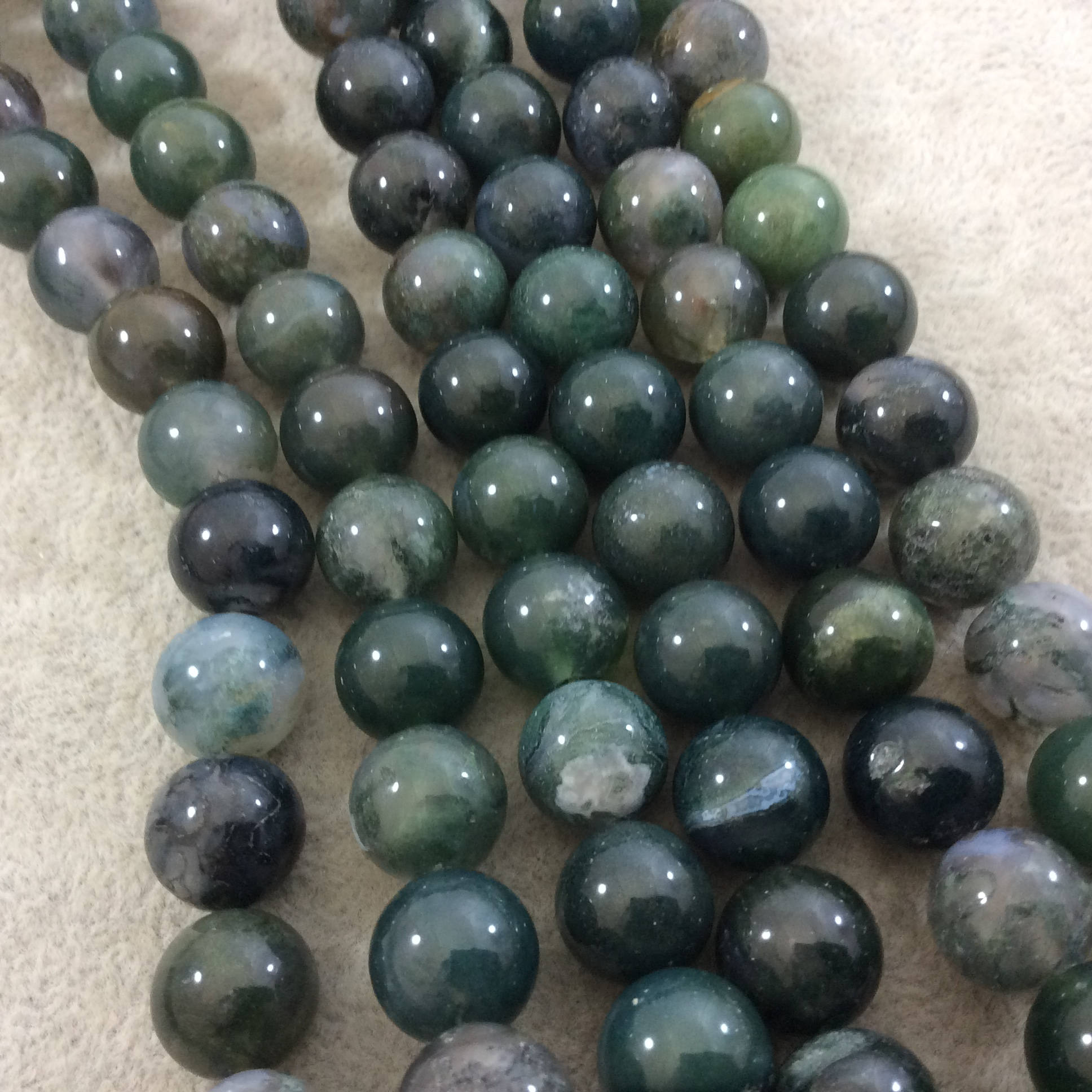 12mm Smooth Round/Ball Shaped Green Moss Agate Beads - 15.25" Strand (Approximately 33 Beads per Strand) - Natural Semi-Precious Gemstone