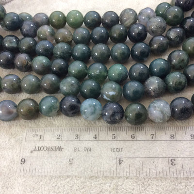 12mm Smooth Round/Ball Shaped Green Moss Agate Beads - 15.25" Strand (Approximately 33 Beads per Strand) - Natural Semi-Precious Gemstone