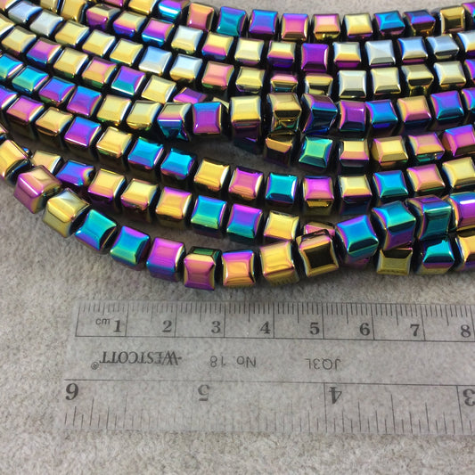 8mm Glossy Finish Faceted Rainbow Titanium Coated Hematite Cube Shaped Beads with 1mm Holes - Sold by 16" Strands (Approx. 51 Beads)