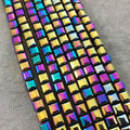 8mm Glossy Finish Faceted Rainbow Titanium Coated Hematite Cube Shaped Beads with 1mm Holes - Sold by 16" Strands (Approx. 51 Beads)