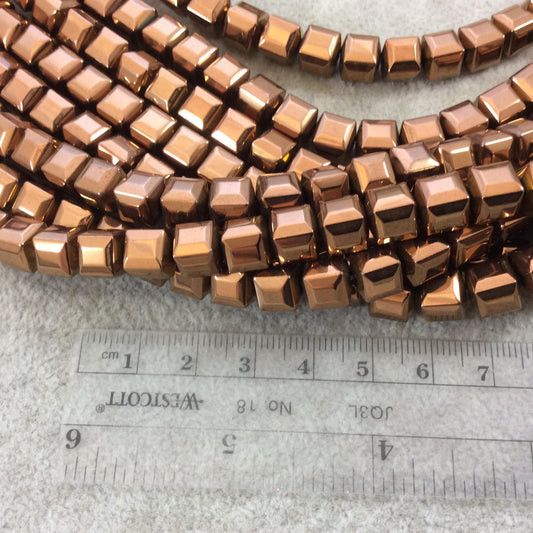 8mm Glossy Finish Faceted Metallic Brown/Bronze Coated Hematite Cube Shaped Beads with 1mm Holes - Sold by 16" Strands (Approx. 51 Beads)