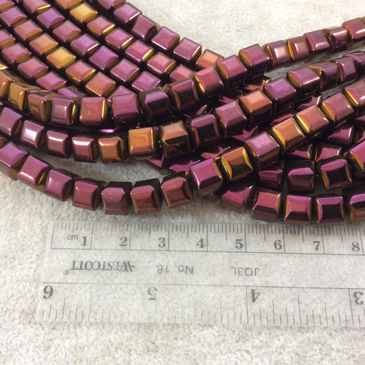 8mm Glossy Finish Faceted Metallic Purple/Gold Coated Hematite Cube Shaped Beads with 1mm Holes - Sold by 16" Strands (Approx. 51 Beads)