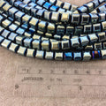 8mm Glossy Finish Faceted Metallic Light Blue/Green Coated Hematite Cube Shape Beads with 1mm Holes - Sold by 16" Strands (Approx. 51 Beads)