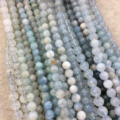 6-7mm Glossy Finish Natural Light Blue Aquamarine Round/Ball Shaped Beads with 1mm Holes - Sold by 15.5" Strands (Approximately 56 Beads)