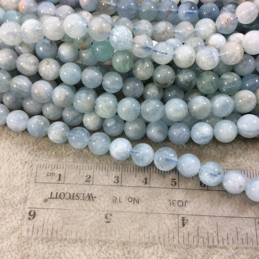 8mm Glossy Finish Natural Light Blue Aquamarine Round/Ball Shaped Beads with 1mm Holes - Sold by 15.5" Strands (Approximately 50 Beads)