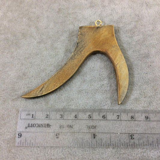 3" Light/Medium Brown Flat Wide Antler Shaped Natural Wooden Pendant with Gold Plated Ring - Measuring 78mm x 65mm, Approx. - (TR3LMDWFWA)