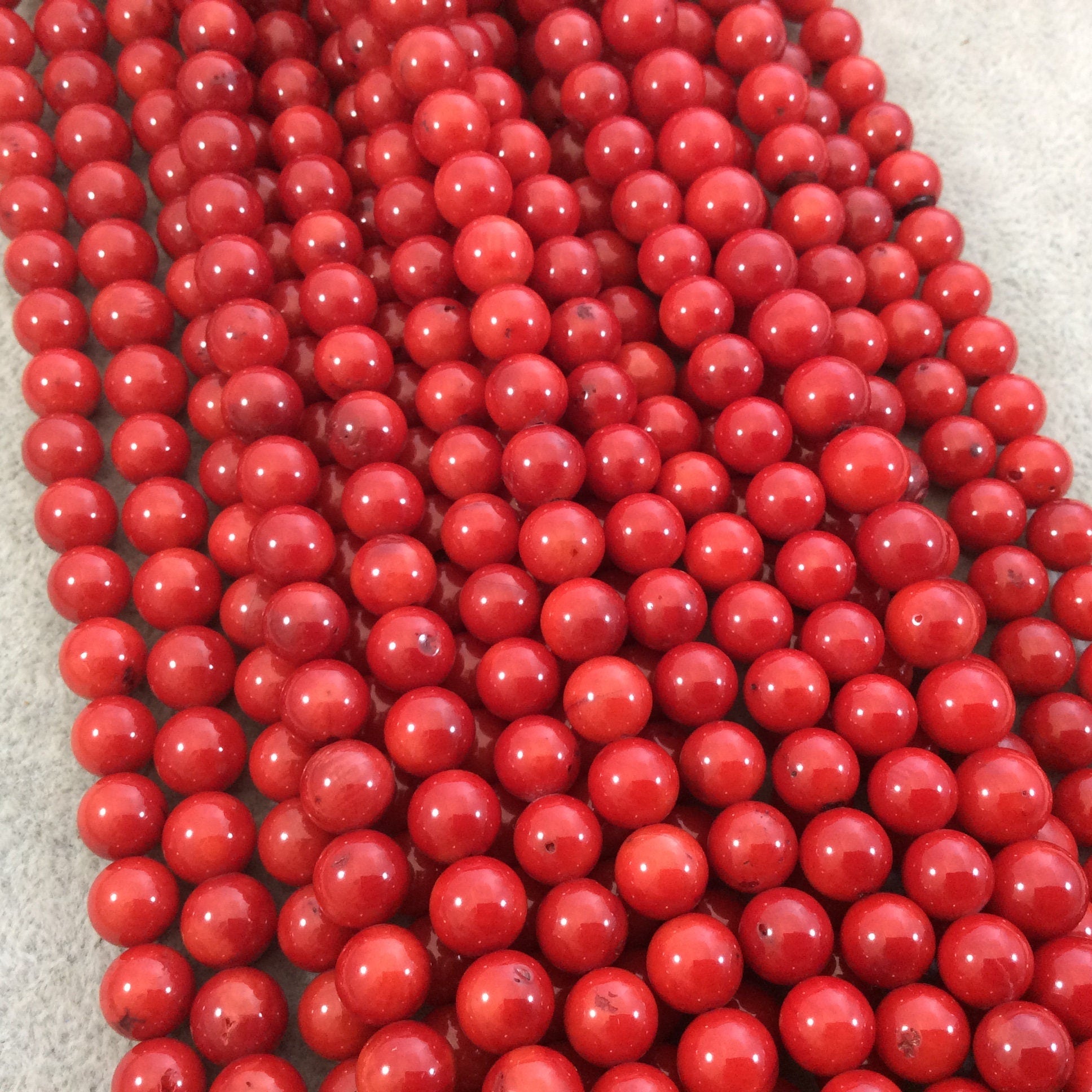 8mm Glossy Finish Dyed Red Sea Bamboo Coral Round/Ball Shaped Beads with 1mm Holes - 15.25" Strand (Approx. 48 Beads per Strand)