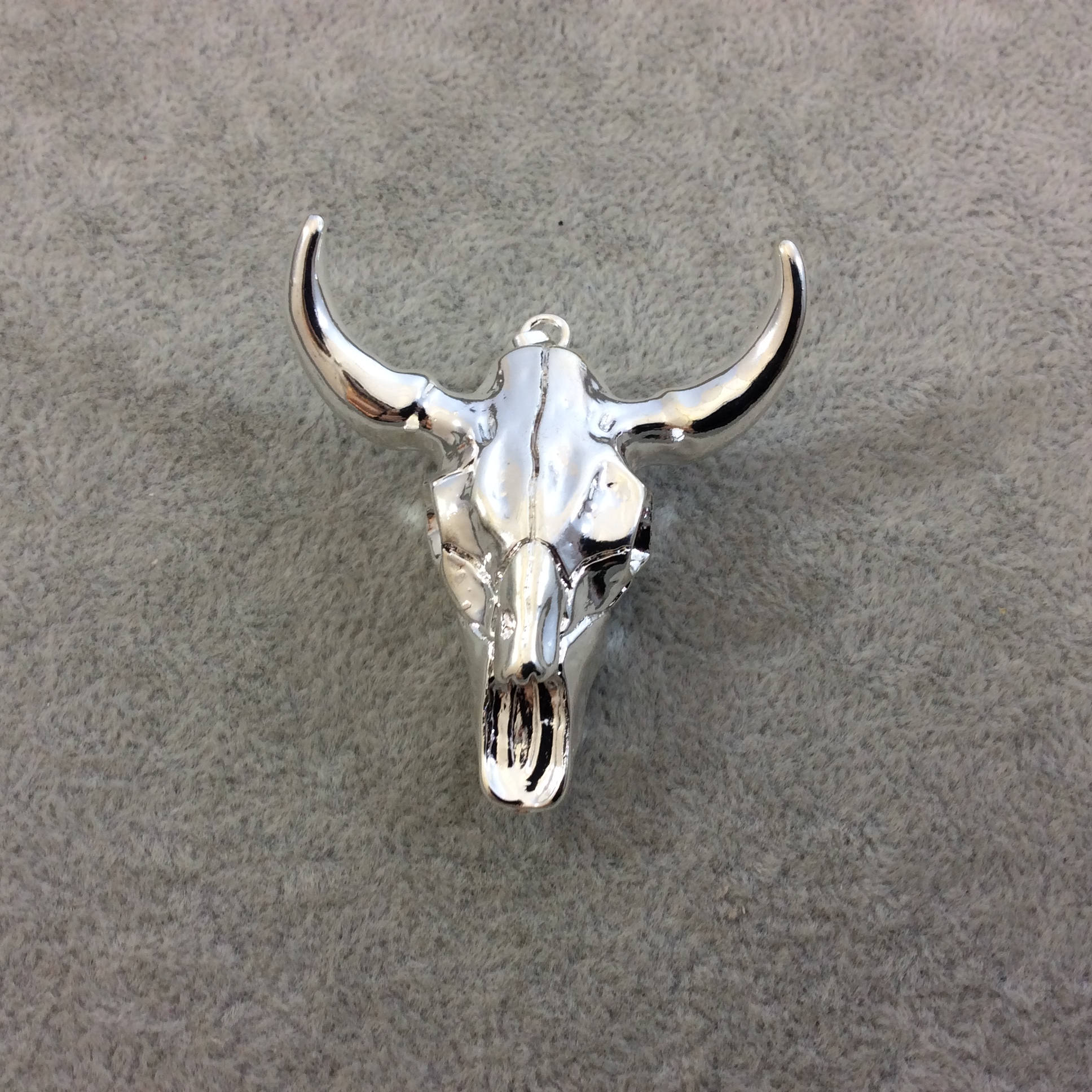 2" Silver Electroplated Steer Skull Shaped Acrylic Resin Pendant with Attached Bail - Measuring 48mm x 50mm, Approx. - Sold Individually