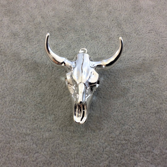 2" Silver Electroplated Steer Skull Shaped Acrylic Resin Pendant with Attached Bail - Measuring 48mm x 50mm, Approx. - Sold Individually