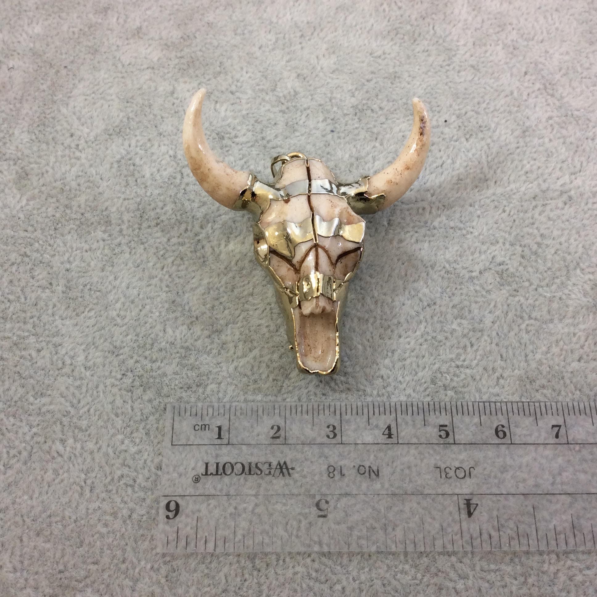 2" Gold Electroplated Striped Face Steer Skull Shaped Resin Pendant with Bare Horns - Measuring 48mm x 50mm, Approx. - Sold Individually