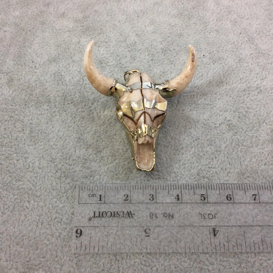 2" Gold Electroplated Striped Face Steer Skull Shaped Resin Pendant with Bare Horns - Measuring 48mm x 50mm, Approx. - Sold Individually