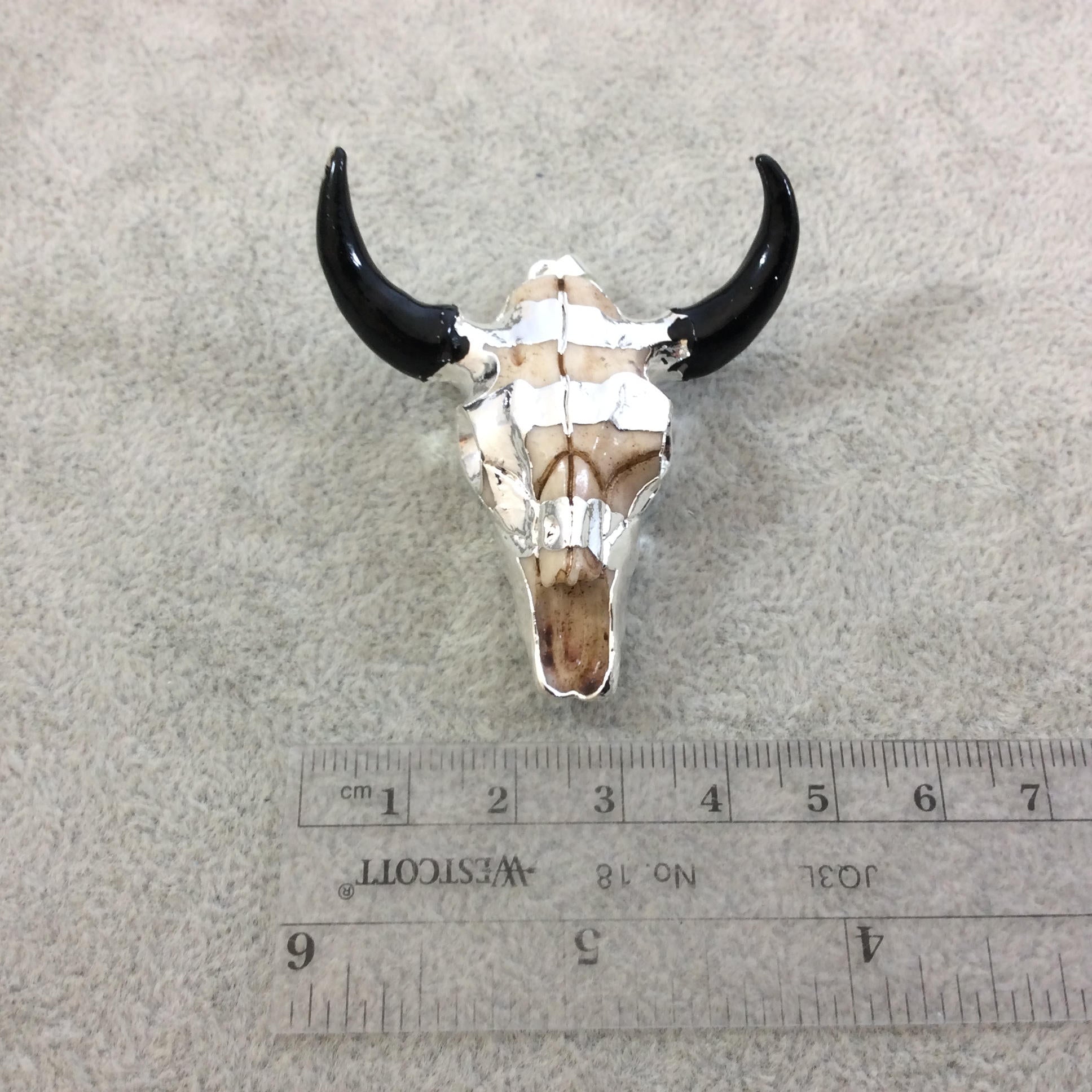 2" Silver Electroplated Striped Face Steer Skull Shaped Resin Pendant with Black Horns - Measuring 48mm x 50mm, Approx. - Sold Individually