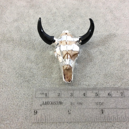2" Silver Electroplated Striped Face Steer Skull Shaped Resin Pendant with Black Horns - Measuring 48mm x 50mm, Approx. - Sold Individually