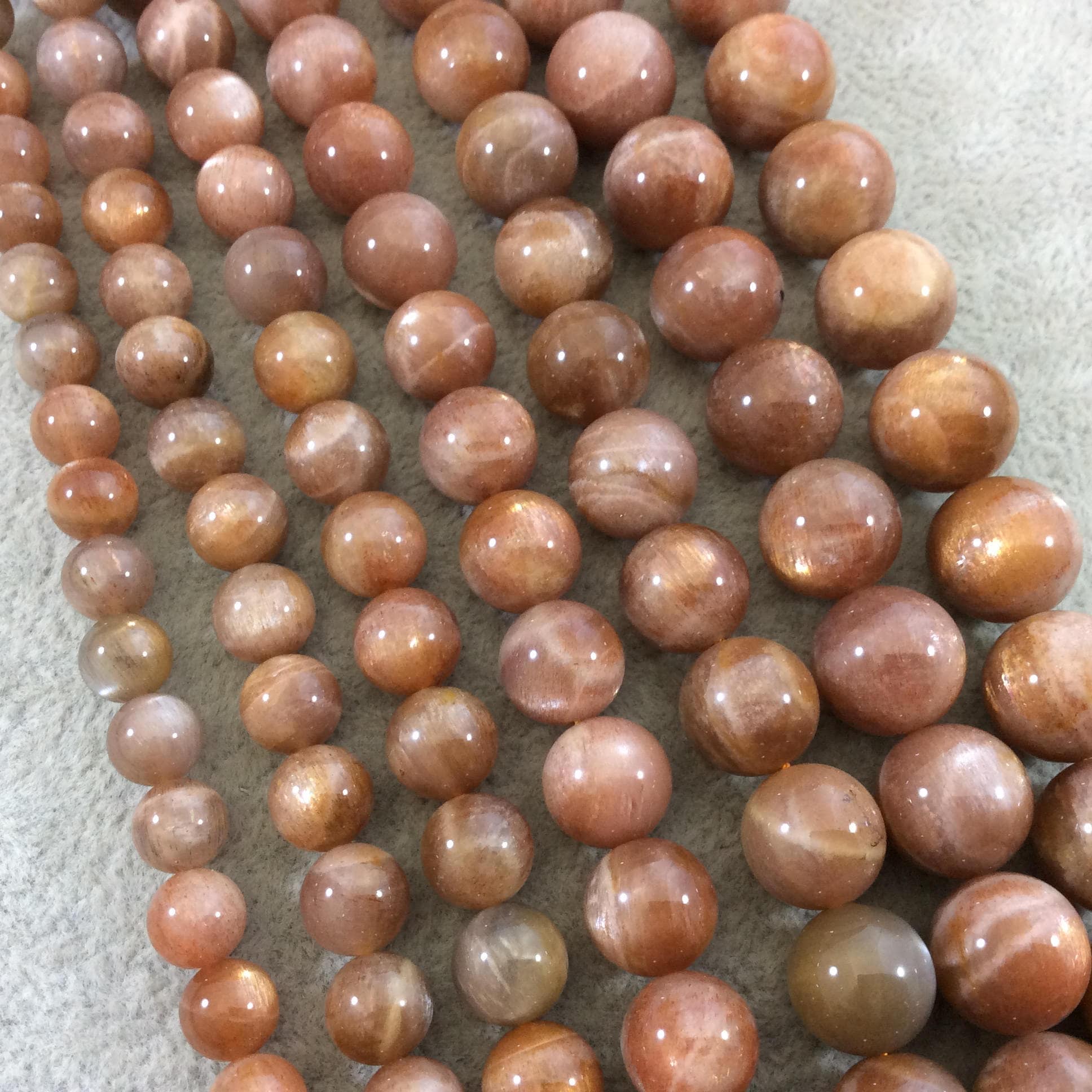 9mm Glossy Finish Natural AAA Peach Sunstone Round/Ball Shaped Beads with 1mm Holes - 15.25" Strand (Approx. 43 Beads per Strand)