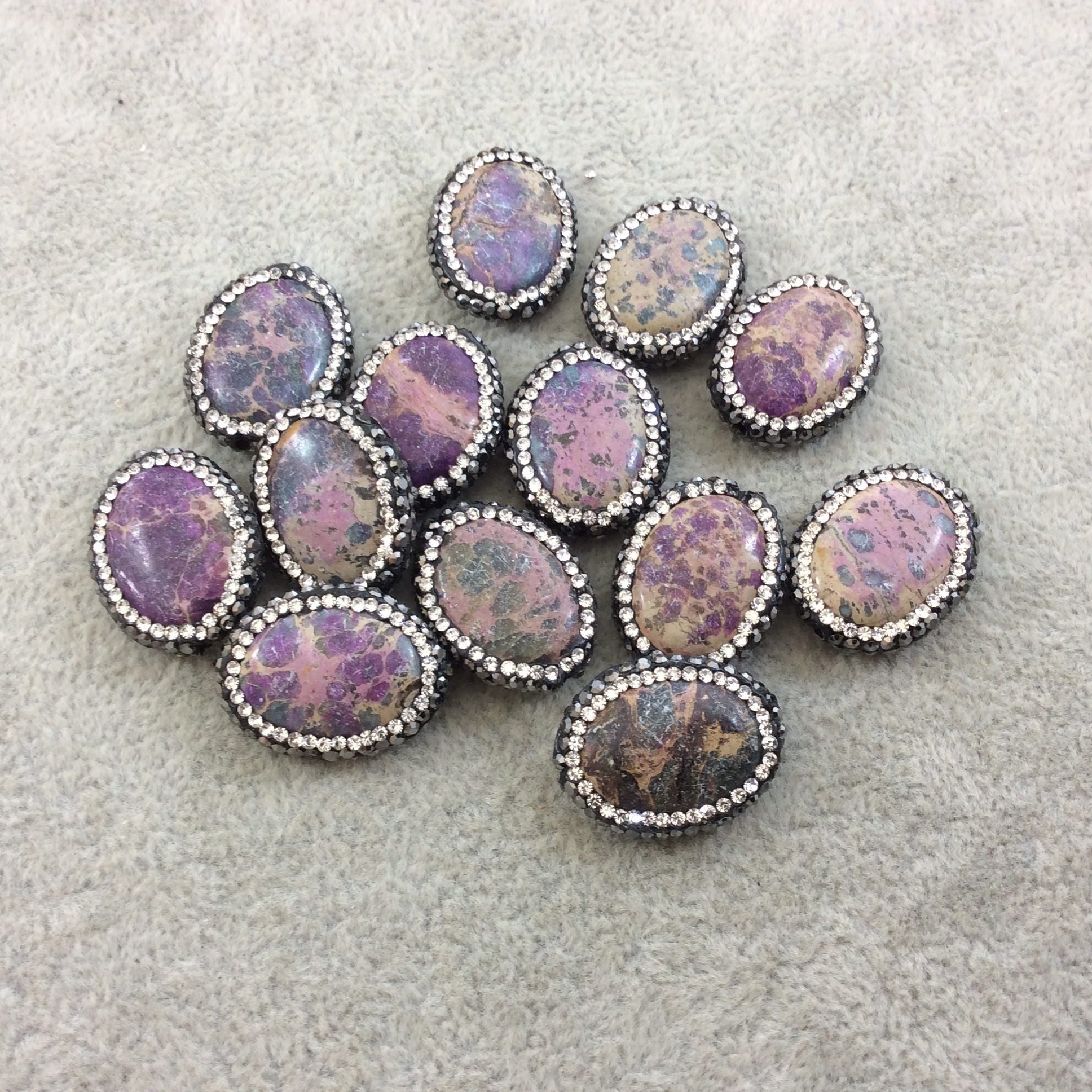 Single Rhinestone Encrusted Purple Aqua Terra (Sea Sediment) Jasper Oval Shaped Bead - Measuring 17mm x 22mm, Approx. - Individual, RANDOM