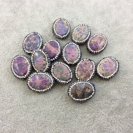 Single Rhinestone Encrusted Purple Aqua Terra (Sea Sediment) Jasper Oval Shaped Bead - Measuring 17mm x 22mm, Approx. - Individual, RANDOM