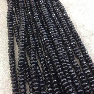 3mm x 6mm Faceted Glossy Finish Natural Jet Black Agate Rondelle Shaped Beads with 1mm Holes - Sold by 15.5" Strands (Approx. 124 Beads)