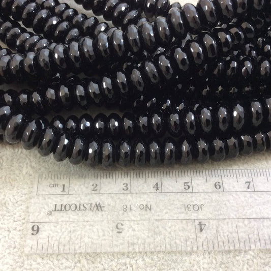 5mm x 10mm Faceted Glossy Finish Natural Jet Black Agate Rondelle Shaped Beads with 1mm Holes - Sold by 15.75" Strands (Approx. 77 Beads)