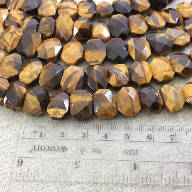 10mm x 14mm High Quality Natural Metallic Tiger Eye Faceted Flat Octagon Shaped Beads with 1mm Holes - Sold by 7.5" Half Strands (16 Beads)